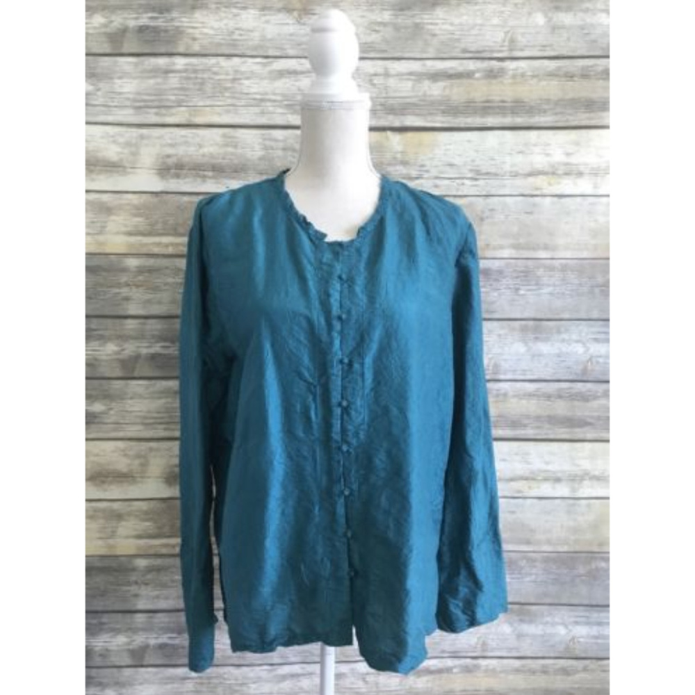 Eileen Fisher | Teal Silk Crinkle Top